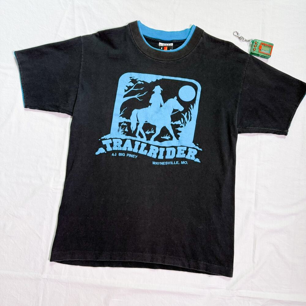 Vintage Heavyweight Western Horse Trailrider Puff Print T-Shirt - M